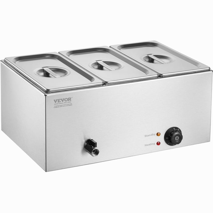 VEVOR 3-Pan Commercial Food Warmer, 16.5L Electric Steam Table, 1200W Professional Countertop Stainless Steel Buffet Bain Marie with 30 - 85â„?Temp Control for Catering and Restaurants, Silver