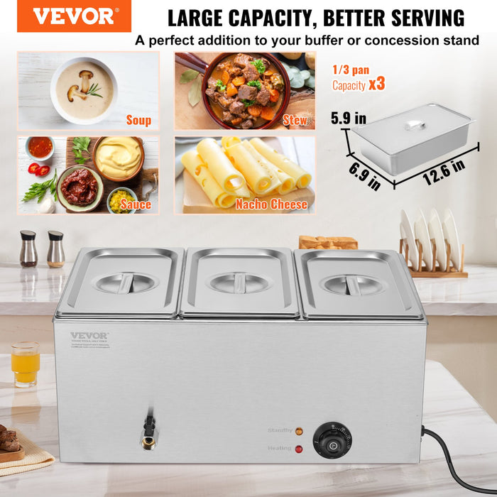 VEVOR 3-Pan Commercial Food Warmer, 16.5L Electric Steam Table, 1200W Professional Countertop Stainless Steel Buffet Bain Marie with 30 - 85â„?Temp Control for Catering and Restaurants, Silver