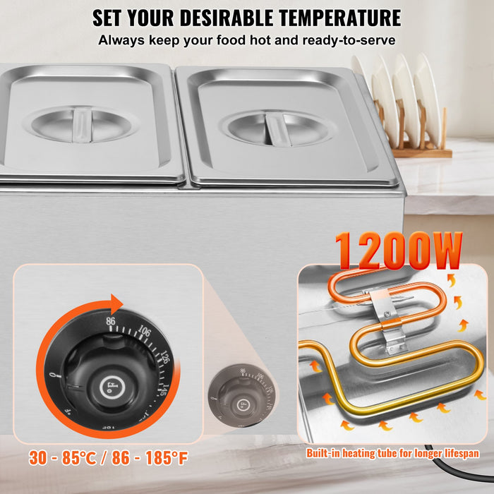 VEVOR 3-Pan Commercial Food Warmer, 16.5L Electric Steam Table, 1200W Professional Countertop Stainless Steel Buffet Bain Marie with 30 - 85â„?Temp Control for Catering and Restaurants, Silver