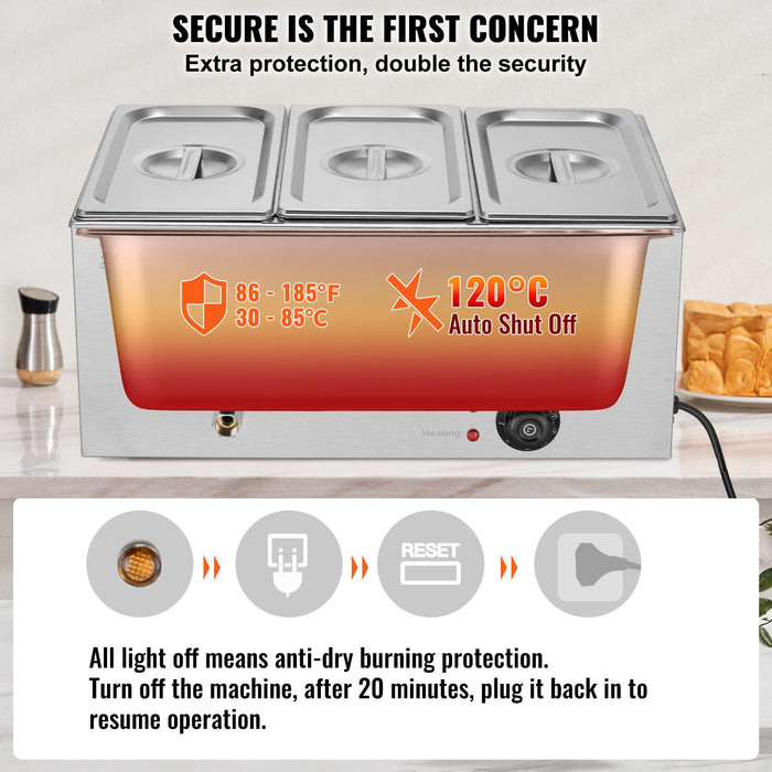 VEVOR 3-Pan Commercial Food Warmer, 16.5L Electric Steam Table, 1200W Professional Countertop Stainless Steel Buffet Bain Marie with 30 - 85â„?Temp Control for Catering and Restaurants, Silver