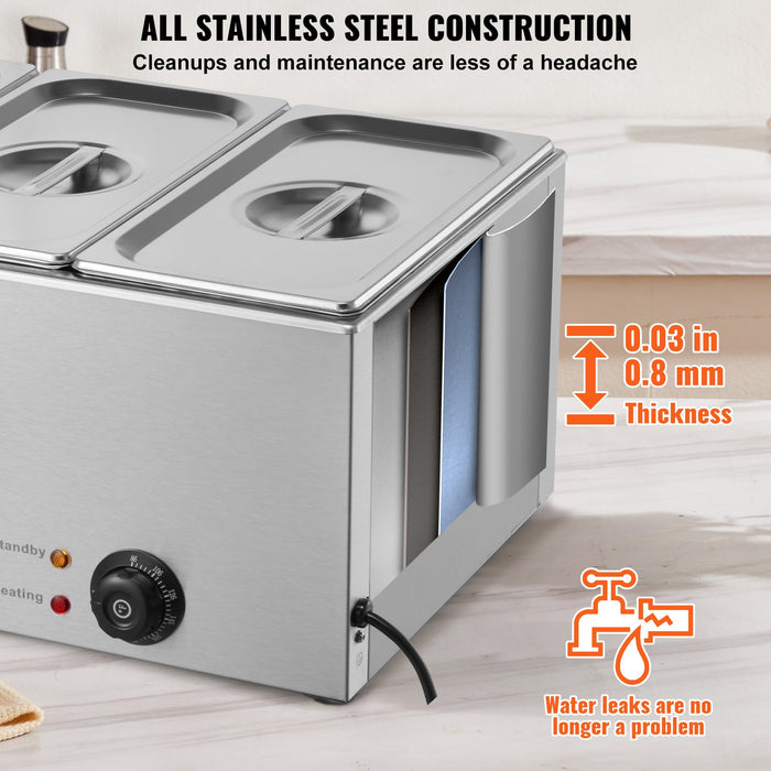 VEVOR 3-Pan Commercial Food Warmer, 16.5L Electric Steam Table, 1200W Professional Countertop Stainless Steel Buffet Bain Marie with 30 - 85â„?Temp Control for Catering and Restaurants, Silver