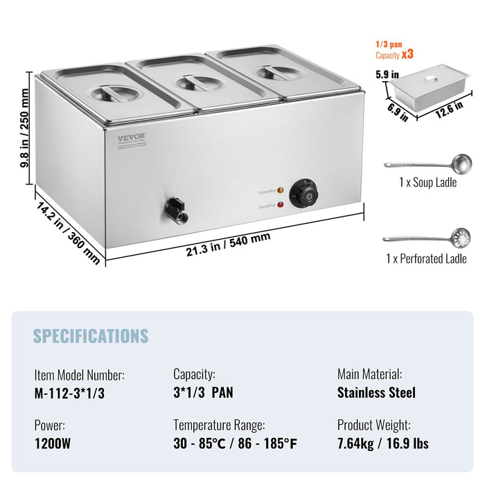 VEVOR 3-Pan Commercial Food Warmer, 16.5L Electric Steam Table, 1200W Professional Countertop Stainless Steel Buffet Bain Marie with 30 - 85â„?Temp Control for Catering and Restaurants, Silver