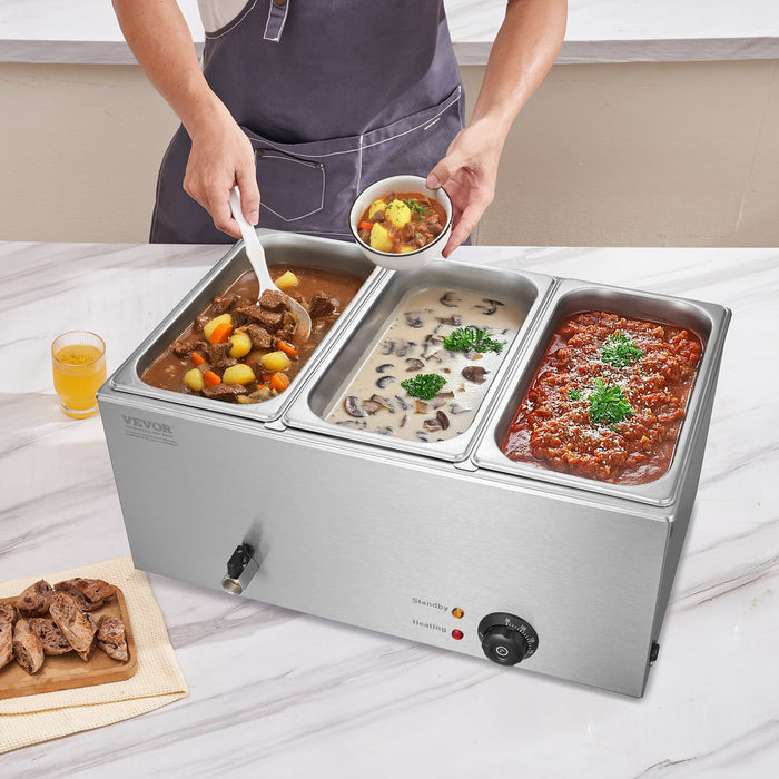 VEVOR 3-Pan Commercial Food Warmer, 16.5L Electric Steam Table, 1200W Professional Countertop Stainless Steel Buffet Bain Marie with 30 - 85â„?Temp Control for Catering and Restaurants, Silver