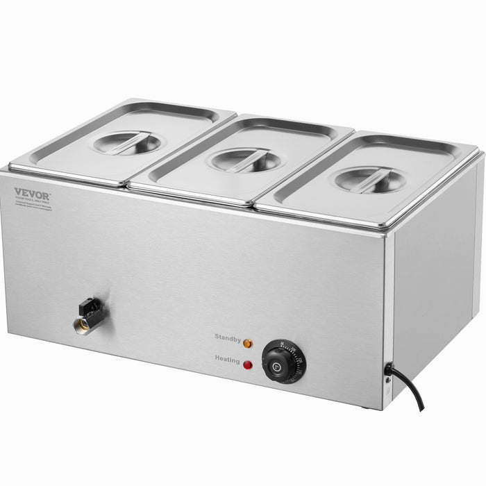 VEVOR 3-Pan Commercial Food Warmer, 16.5L Electric Steam Table, 1200W Professional Countertop Stainless Steel Buffet Bain Marie with 30 - 85â„?Temp Control for Catering and Restaurants, Silver