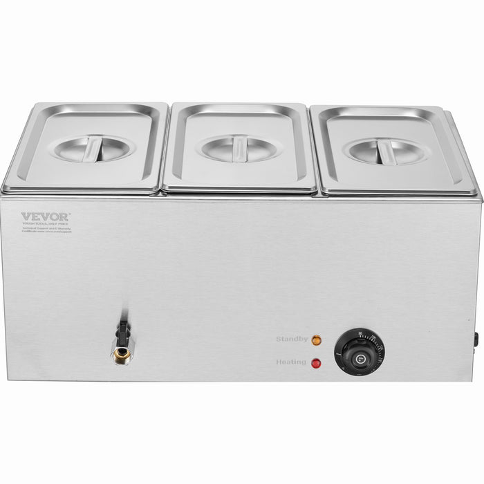 VEVOR 3-Pan Commercial Food Warmer, 16.5L Electric Steam Table, 1200W Professional Countertop Stainless Steel Buffet Bain Marie with 30 - 85â„?Temp Control for Catering and Restaurants, Silver