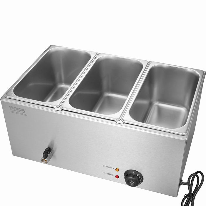 VEVOR 3-Pan Commercial Food Warmer, 16.5L Electric Steam Table, 1200W Professional Countertop Stainless Steel Buffet Bain Marie with 30 - 85â„?Temp Control for Catering and Restaurants, Silver