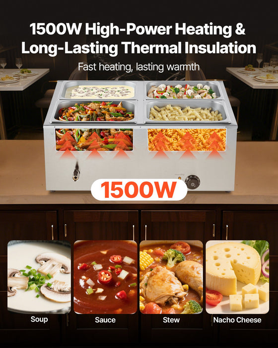 VEVOR Commercial Food Warmer, 1500W Electric Stainless Steel Steam Food Warmer with Lid, 4-Pan Fast Heating Countertop Buffet Bain Marie with Soup & Perforated Ladles, for Catering, Restaurant, Party
