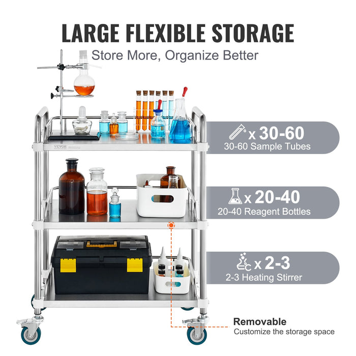 VEVOR Lab Rolling Cart, 3-Shelf Stainless Steel Rolling Cart, Lab Serving Cart with Swivel Casters, Dental Utility Cart for Clinic, Lab,  Hospital, Salon, 26.38"x15.55"x34.13"