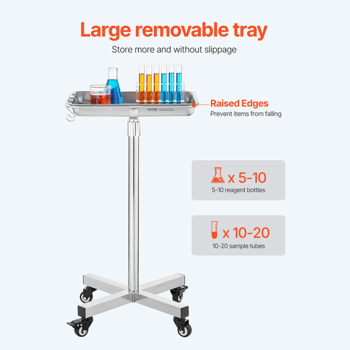 VEVOR Mayo Stand, Stainless Steel Mayo Tray, Load Capacity up to 35 lbs, Adjustable Height 25.2"-39.8", Medical Tray on Wheels with Removable Tray for Spa, Salon, Clinic, Personal Care