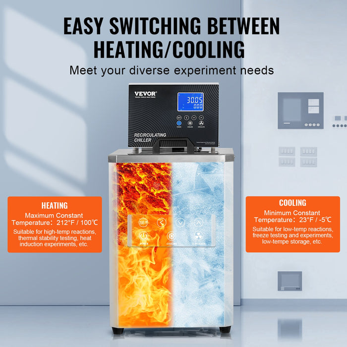 VEVOR Laboratory Chiller Circulator, 6L Chiller Lab Low Temperature Cooling Liquid, 23°F-212°F Circulator Pump Chiller, LCD Display, 304 Stainless Steel Water Bath Recirculating Water Cooling Chiller