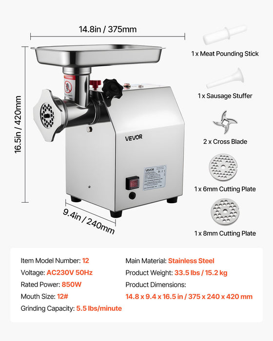 VEVOR Commercial Electric Meat Grinder 5.5 Lbs/Min Sausage Stuffer Maker Kitchen