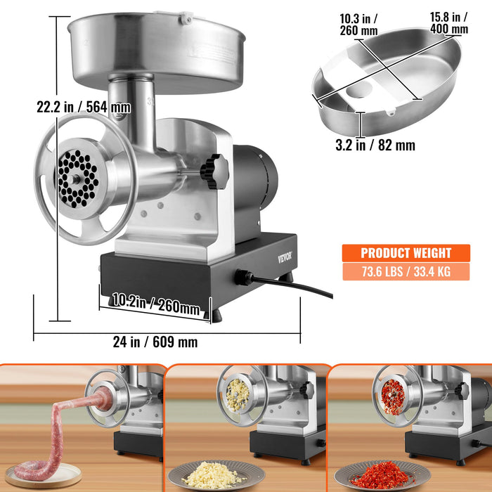 VEVOR Electric Meat Grinder, 9.5 Kg/Min Capacity, Countertop Industrial Meat Mincer w/ Blade, Grinding Plate, Sausage Maker & Kubbe Kit, Carbon Steel Commercial Meat Grinder for Kitchen Restaurant