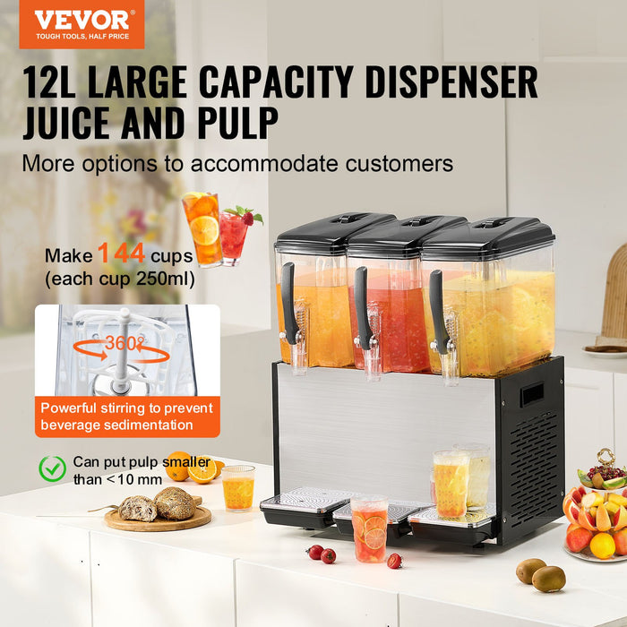 VEVOR Commercial Beverage Dispenser, 3 Tanks 12 L Per Tank Juice Dispenser, 370W Stainless Steel Ice Tea Drink Machine with 7â„?12â„?Cooling Temperature, for Cold Drink Restaurant Bar Party