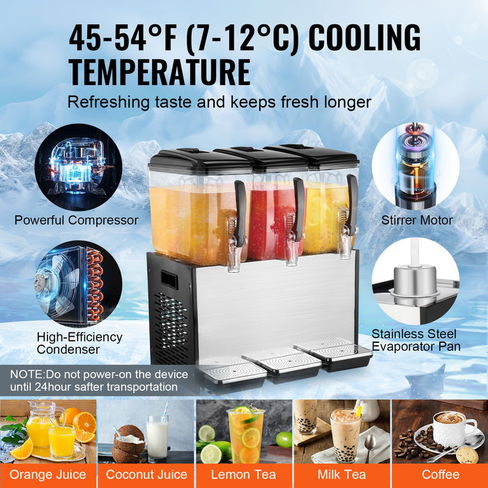 VEVOR Commercial Beverage Dispenser, 3 Tanks 12 L Per Tank Juice Dispenser, 370W Stainless Steel Ice Tea Drink Machine with 7â„?12â„?Cooling Temperature, for Cold Drink Restaurant Bar Party