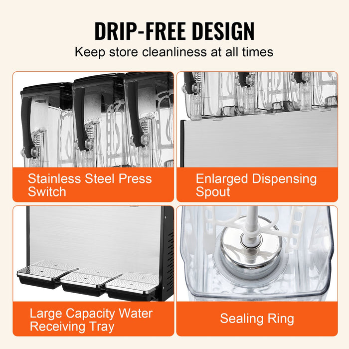 VEVOR Commercial Beverage Dispenser, 3 Tanks 12 L Per Tank Juice Dispenser, 370W Stainless Steel Ice Tea Drink Machine with 7â„?12â„?Cooling Temperature, for Cold Drink Restaurant Bar Party