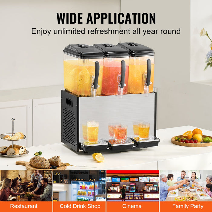 VEVOR Commercial Beverage Dispenser, 3 Tanks 12 L Per Tank Juice Dispenser, 370W Stainless Steel Ice Tea Drink Machine with 7â„?12â„?Cooling Temperature, for Cold Drink Restaurant Bar Party