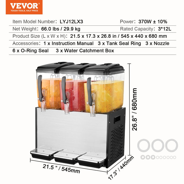 VEVOR Commercial Beverage Dispenser, 3 Tanks 12 L Per Tank Juice Dispenser, 370W Stainless Steel Ice Tea Drink Machine with 7â„?12â„?Cooling Temperature, for Cold Drink Restaurant Bar Party