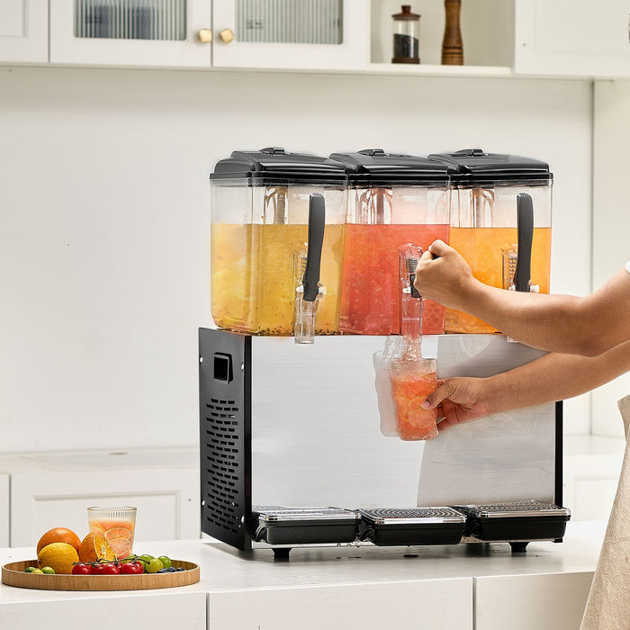 VEVOR Commercial Beverage Dispenser, 3 Tanks 12 L Per Tank Juice Dispenser, 370W Stainless Steel Ice Tea Drink Machine with 7â„?12â„?Cooling Temperature, for Cold Drink Restaurant Bar Party