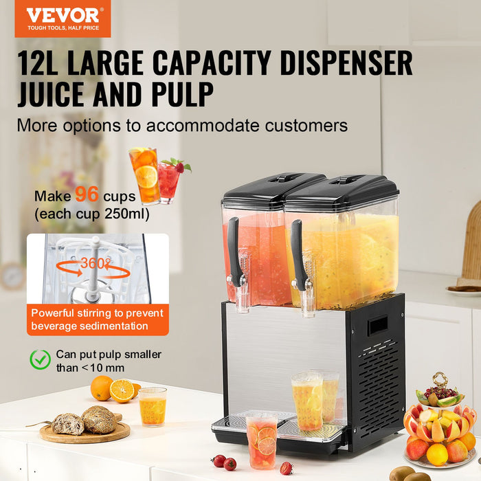 VEVOR Commercial Beverage Dispenser, 2 Tanks 12 L Per Tank Juice Dispenser, 286W Stainless Steel Ice Tea Drink Machine with 7â„?12â„?Cooling Temperature, for Cold Drink Restaurant Bar Party