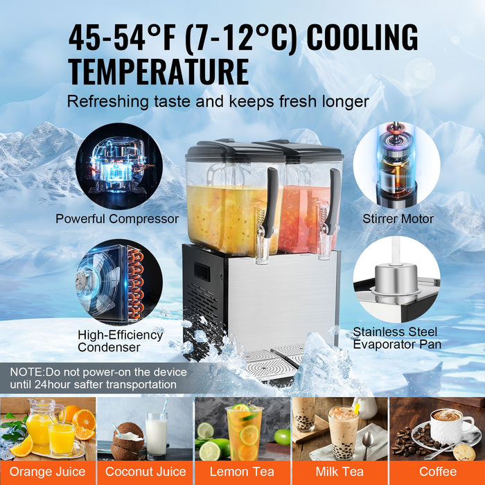 VEVOR Commercial Beverage Dispenser, 2 Tanks 12 L Per Tank Juice Dispenser, 286W Stainless Steel Ice Tea Drink Machine with 7â„?12â„?Cooling Temperature, for Cold Drink Restaurant Bar Party