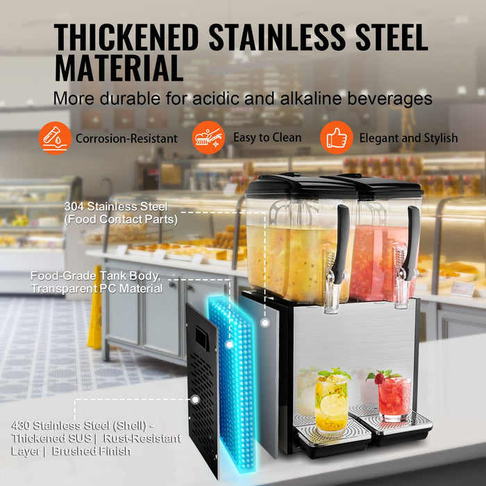 VEVOR Commercial Beverage Dispenser, 2 Tanks 12 L Per Tank Juice Dispenser, 286W Stainless Steel Ice Tea Drink Machine with 7â„?12â„?Cooling Temperature, for Cold Drink Restaurant Bar Party