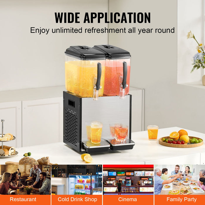 VEVOR Commercial Beverage Dispenser, 2 Tanks 12 L Per Tank Juice Dispenser, 286W Stainless Steel Ice Tea Drink Machine with 7â„?12â„?Cooling Temperature, for Cold Drink Restaurant Bar Party