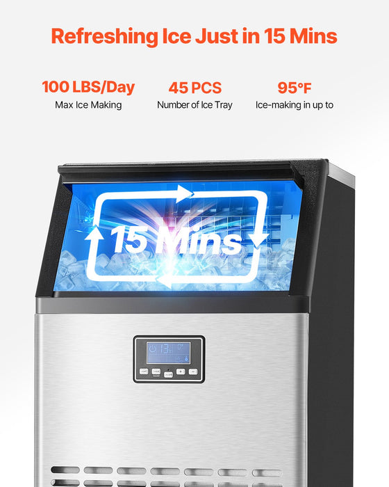 VEVOR Commercial Ice Maker Machine, 100lbs/24H Ice Maker Machine with 33lbs Storage Capacity, 45 Ice Cubes in 15 Minutes, LED Digital Display Freestanding Self-Cleaning for Bar Office Restaurant