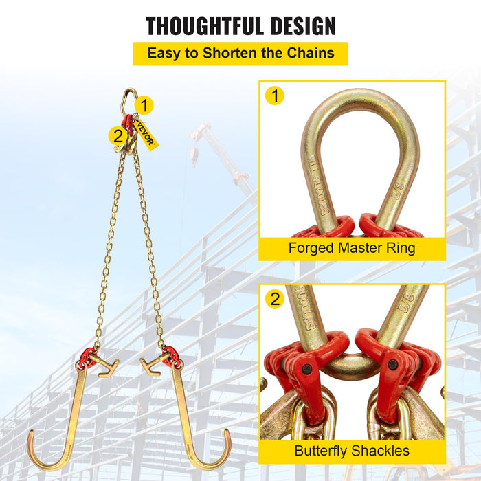 VEVOR V Bridle Chain, 5/16 in x 2 ft Tow Chain Bridle, Grade 80 V-Bridle Transport Chain, 9260 Lbs Break Strength with TJ Hooks & Grab Hooks, Heavy Duty Pear Link Connector and Chain Shorteners