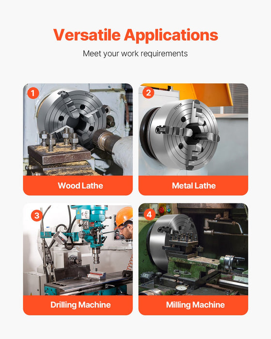 VEVOR 4-Jaw Lathe Chuck, 10 in (250 mm), Lathe Chuck, 0.6-9.84 in (15-250 mm) Clamping Range with T-key Fixing Screws Reversible Jaws, HT300 Cast Iron Material, Internal External for Wood Metal Lathe