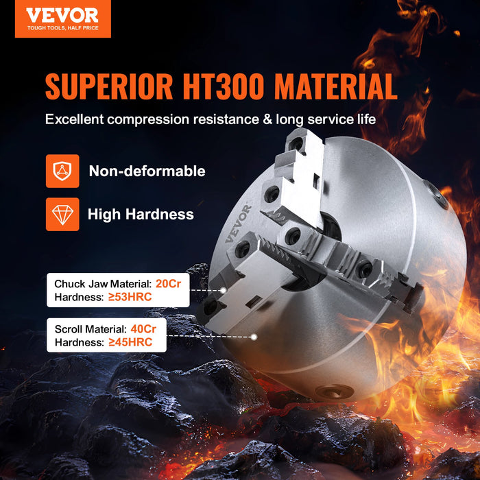 VEVOR 3-Jaw Lathe Chuck, 200 mm, Self-Centering Lathe Chuck, 4-200 mm Clamping Range with T-key Fixing Screws Hexagon Wrench, for Lathe 3D Printer Machining Center Milling Drilling Machine