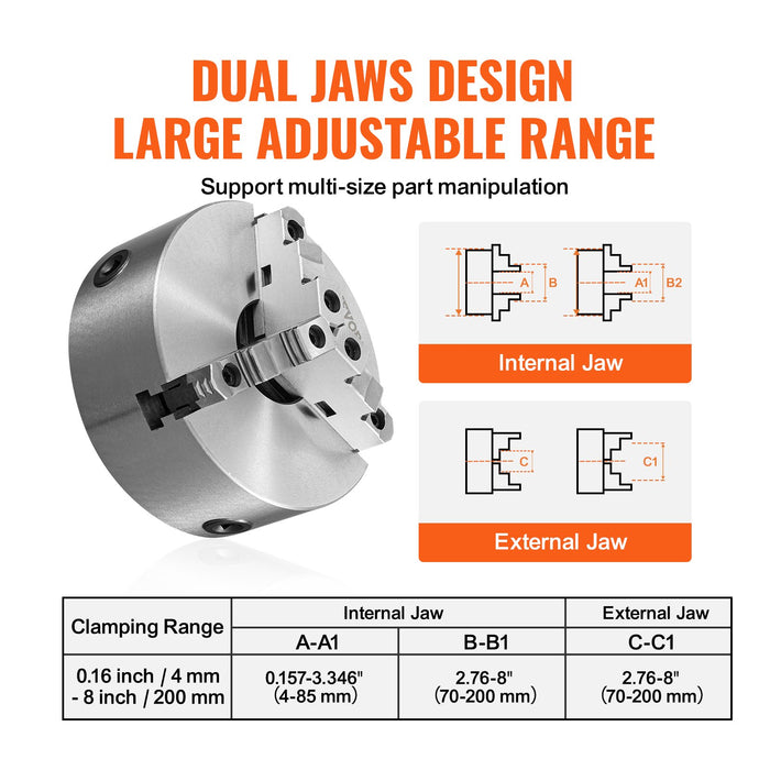 VEVOR 3-Jaw Lathe Chuck, 200 mm, Self-Centering Lathe Chuck, 4-200 mm Clamping Range with T-key Fixing Screws Hexagon Wrench, for Lathe 3D Printer Machining Center Milling Drilling Machine