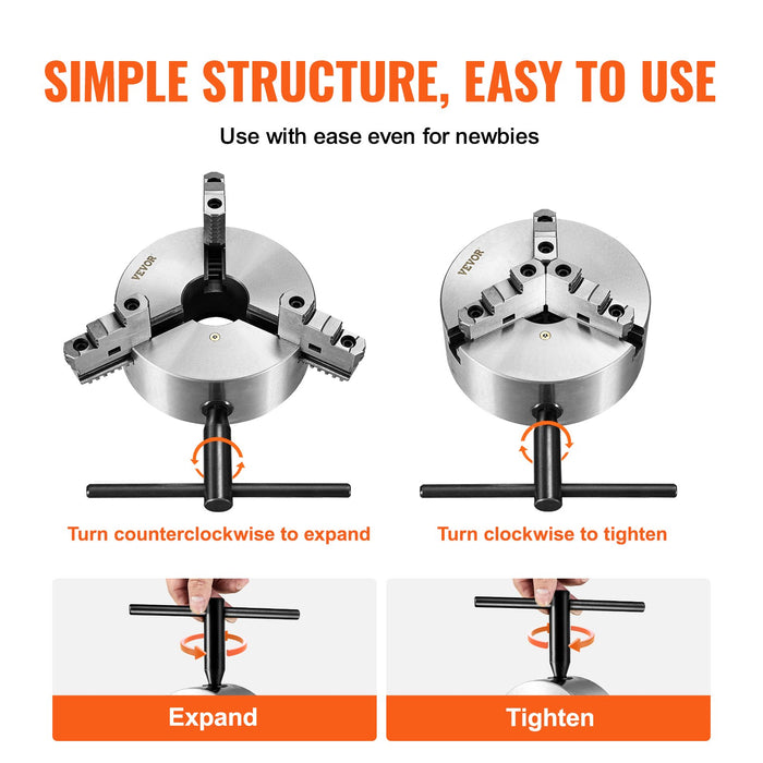 VEVOR 3-Jaw Lathe Chuck, 200 mm, Self-Centering Lathe Chuck, 4-200 mm Clamping Range with T-key Fixing Screws Hexagon Wrench, for Lathe 3D Printer Machining Center Milling Drilling Machine