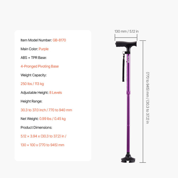 VEVOR Walking Cane Folding Walking Stick 8-Level Height 4-Pronged Pivoting Base