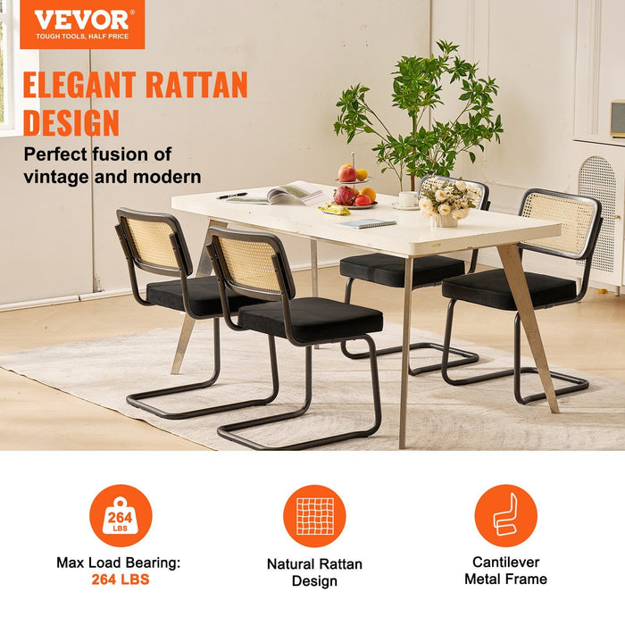 Rattan Chairs, Set of 4, Mid Century Modern Dining Chair, Upholstered Velvet Accent Chair with Rattan Back, Retro Dining Room Kitchen Chair for Living Room, Bedroom, Reading Room, Office, Black