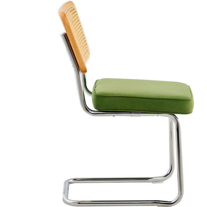 Rattan Chairs, Set of 2, Mid Century Modern Dining Chair, Upholstered Velvet Accent Chair with Rattan Back, Retro Dining Room Kitchen Chair for Living Room, Bedroom, Reading Room, Office, Green