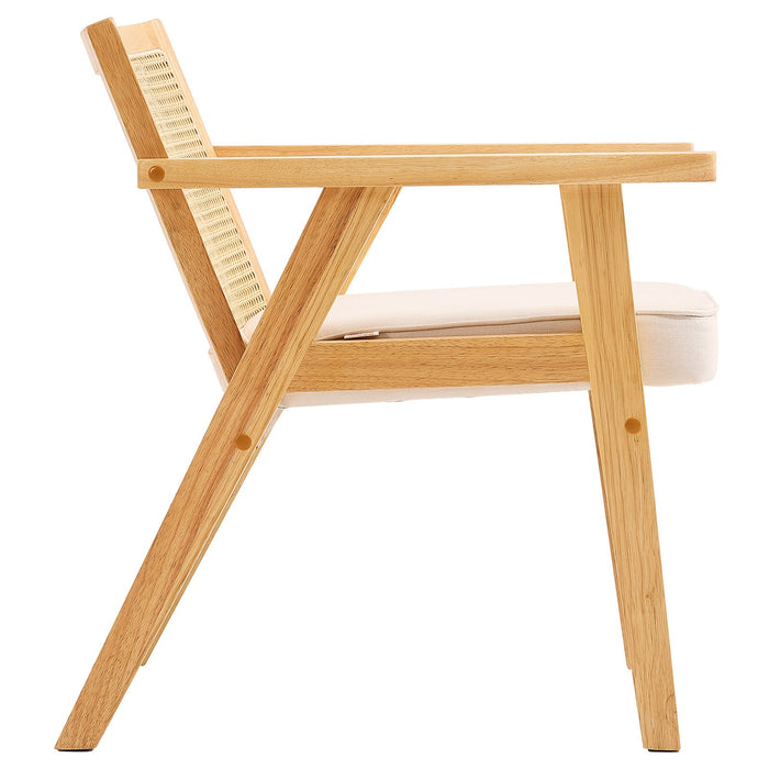 VEVOR Rattan Chair, Mid Century Modern Dining Chair with Armrest, Upholstered Chair with Rattan Back, Retro Rattan Dining Room Kitchen Chair for Living Room, Bedroom, Reading Room, and Office, Beige