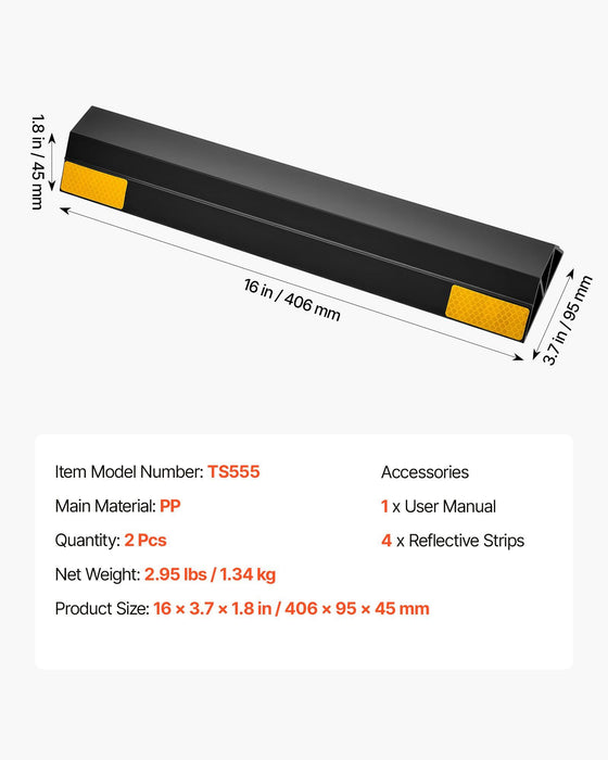 Parking Stopper, 406 mm 2 Pcs Heavy Duty Parking Aid for Garage, PP Curb Garage Floor Stopper with Reflective Strips, Vehicles Gadgets for Cars Vans Trucks Tire Wheel Guide Block Stops Bumpers