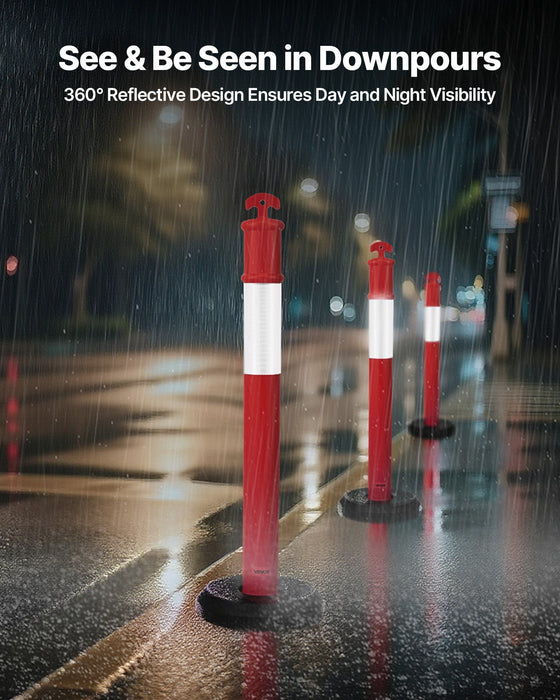 3 Pack Traffic Delineator Posts, 1140 mm Traffic Safety Cones with Fillable Base and Reflective Strips, Heavy Duty Delineator Posts for Construction Site, Parking Lot, Crowd Control, Red