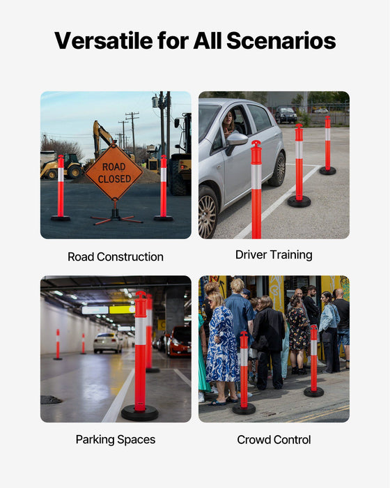3 Pack Traffic Delineator Posts, 1140 mm Traffic Safety Cones with Fillable Base and Reflective Strips, Heavy Duty Delineator Posts for Construction Site, Parking Lot, Crowd Control, Red