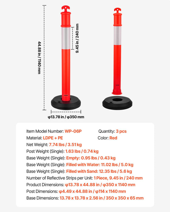 3 Pack Traffic Delineator Posts, 1140 mm Traffic Safety Cones with Fillable Base and Reflective Strips, Heavy Duty Delineator Posts for Construction Site, Parking Lot, Crowd Control, Red