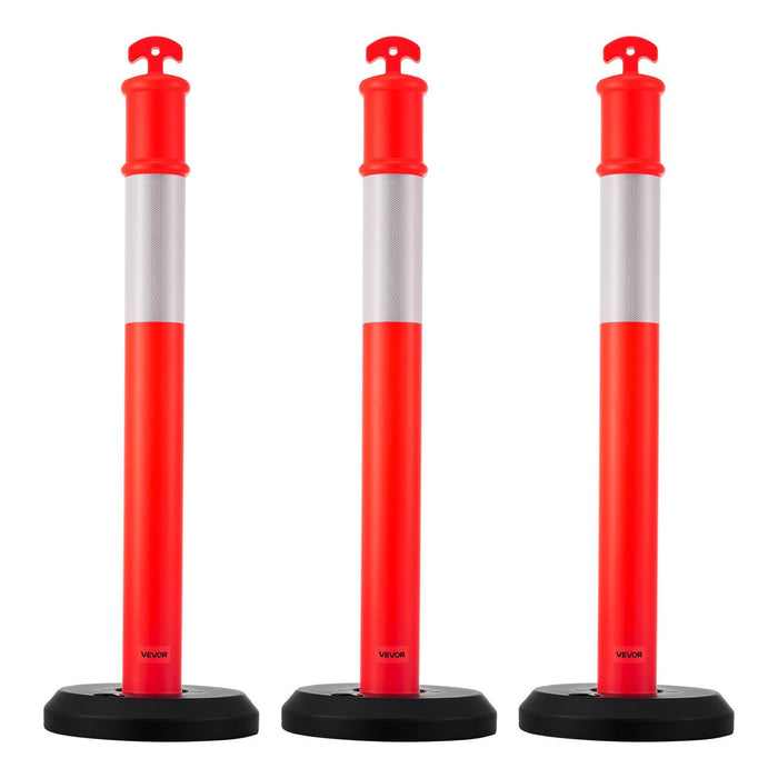 3 Pack Traffic Delineator Posts, 1140 mm Traffic Safety Cones with Fillable Base and Reflective Strips, Heavy Duty Delineator Posts for Construction Site, Parking Lot, Crowd Control, Red