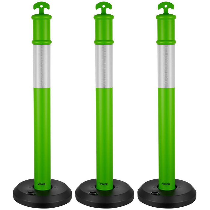 3 Pack Traffic Delineator Posts, 1140 mm Traffic Safety Cones with Fillable Base and Reflective Strips, Heavy Duty Delineator Posts for Construction Site, Parking Lot, Crowd Control, Green