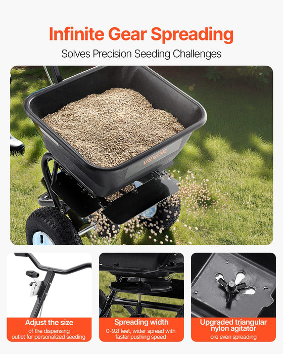 VEVOR Lawn Spreader, 100LBS Capacity, Walk-Behind Push Spreader, 0-9.8ft Spreading Width, 13 in All Terrain Pneumatic Tires, Fertilizer Spreaders with Hopper Grate, for Seed Salt Ice Melt