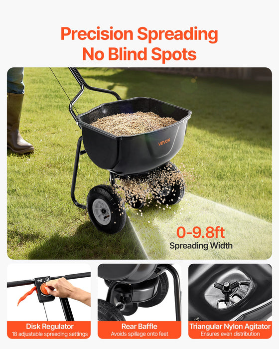 VEVOR Walk Behind Spreader, 60LBS Capacity, Push Spreader with Hopper Grate, 0-9.8 ft Spreading Width, 8 in All Terrain Pneumatic Tires, Garden & Lawn Broadcast Spreaders, for Seed, Fertilizer
