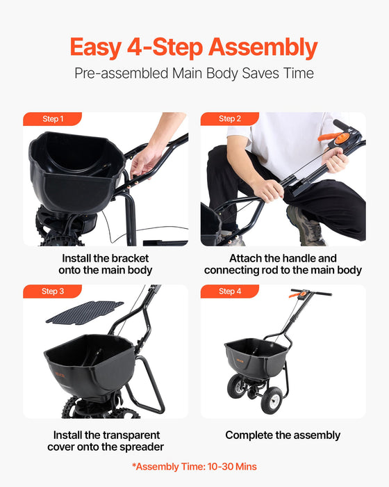 VEVOR Walk Behind Spreader, 60LBS Capacity, Push Spreader with Hopper Grate, 0-9.8 ft Spreading Width, 8 in All Terrain Pneumatic Tires, Garden & Lawn Broadcast Spreaders, for Seed, Fertilizer