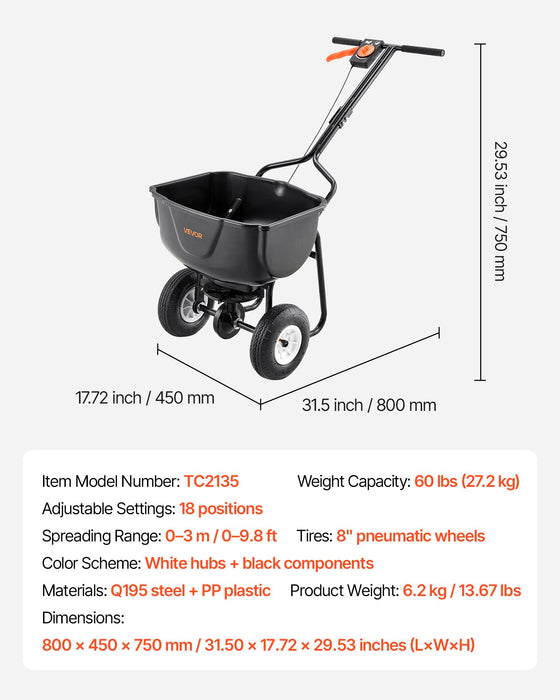 VEVOR Walk Behind Spreader, 60LBS Capacity, Push Spreader with Hopper Grate, 0-9.8 ft Spreading Width, 8 in All Terrain Pneumatic Tires, Garden & Lawn Broadcast Spreaders, for Seed, Fertilizer
