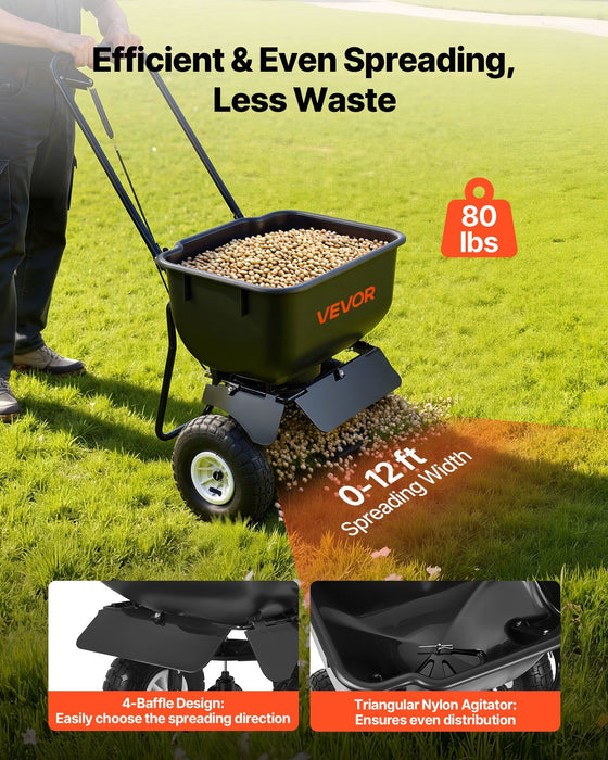 Push Lawn Spreader, 3.6m Spreading Width, Broadcast Spreader with 36.3kg Load Capacity & 10 in All-Terrain Tires, Walk-Behind Garden & Lawn Broadcast Spreaders for Seed Fertilizer, Salt Ice Melt