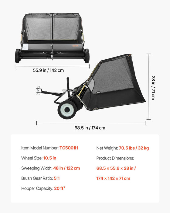 Tow Behind Lawn Sweeper, 122cm Pull Behind Yard Sweeper, 26 cu. ft Hopper Bag Capacity, Leaf & Grass Collector with Dumping Rope, Adjustable Sweeping Height, Garden Sweepers for Lawn Farm
