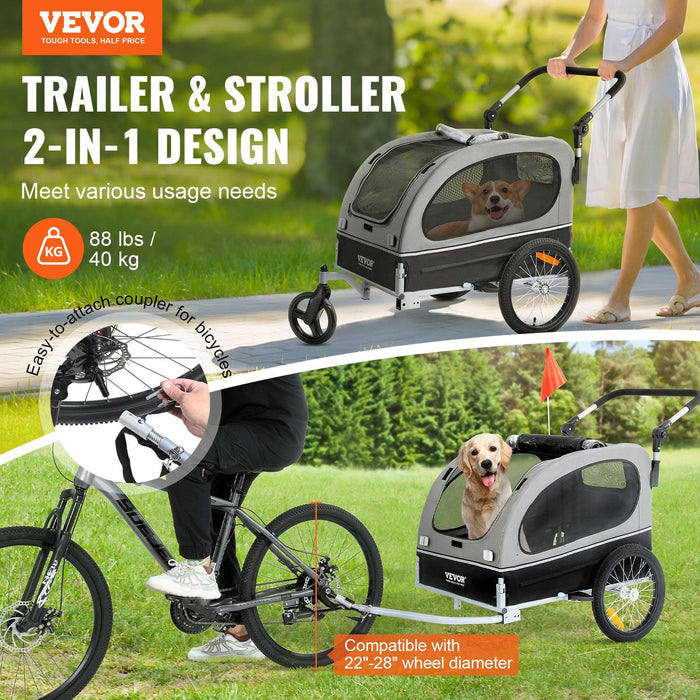 Dog Bike Trailer, Supports up to 40 kg, 2-in-1 Pet Stroller Cart Bicycle Carrier, Easy Folding Cart Frame with Quick Release Wheels, Universal Bicycle Coupler, Reflectors, Flag, Black/Gray
