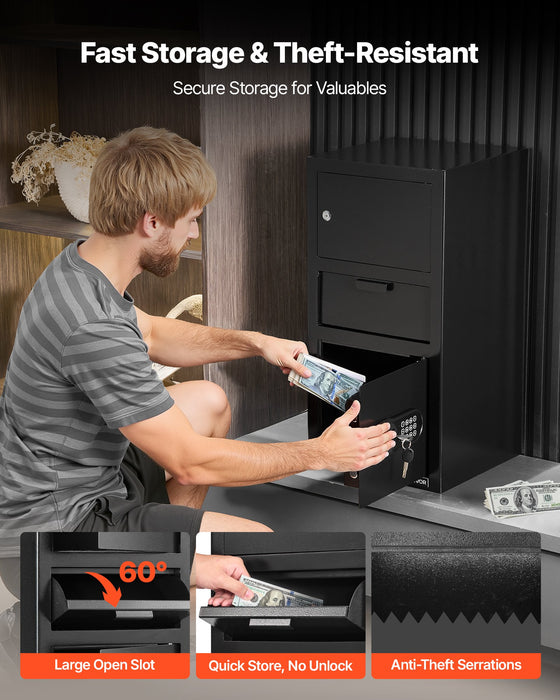 VEVOR 3.6 Cubic Feet Drop Safe, Large Capacity Front Drop Slot Safe Box with Digital Keypad, Heavy Duty 3 Tiers Cash Depository Box with Spare Keys for Cash, Bank Slip, Jewelry, Document, Bill, Black